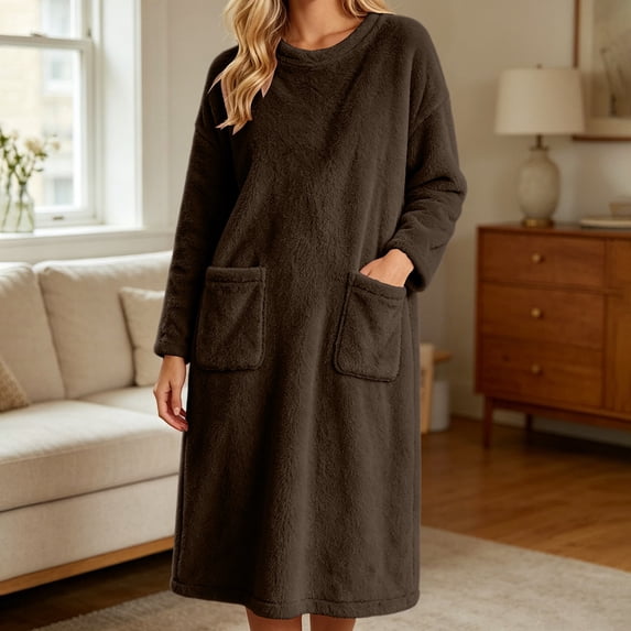 Guieoi Womens Robe Bathrobe for Women Winter Long-Sleeved Round-Neck Long Fleece Nightgown for Home and Leisure Brown L