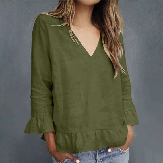 Guieoi Womens Shirts under $5 Ladies' Imitation Linen Spring and Winter Lace Sleeves Long Sleeved V-Neck Top/shirt Green