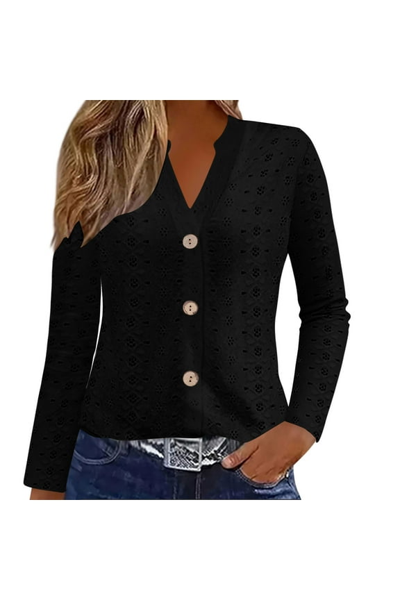 Womens Shirts under $5 Women's Fashion Casual Solid Ladies Long Sleeve Hollowed Out V-Neck Tops Button Blouse Shirts Black Black*Friday/Cyber*Monday