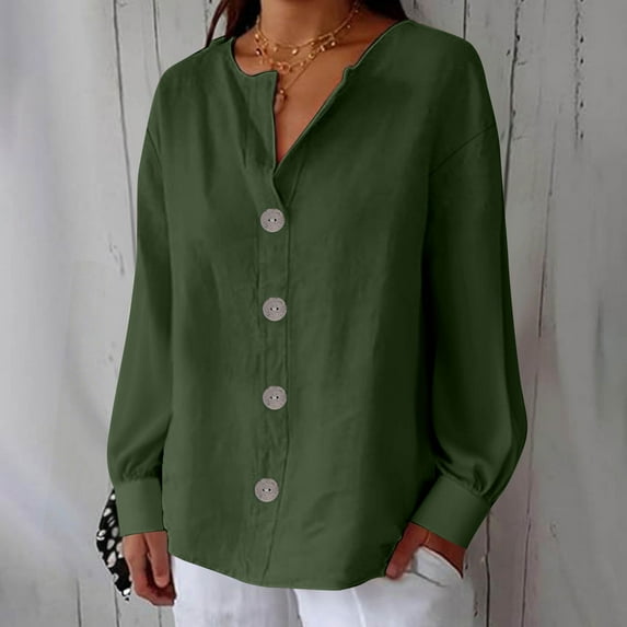 Guieoi Womens Shirts under $5 Women's Solid Color V-Neck Long Sleeve Loose and Linen with Decorative Buttons Top Blouse Green Black*Friday/Cyber*Monday