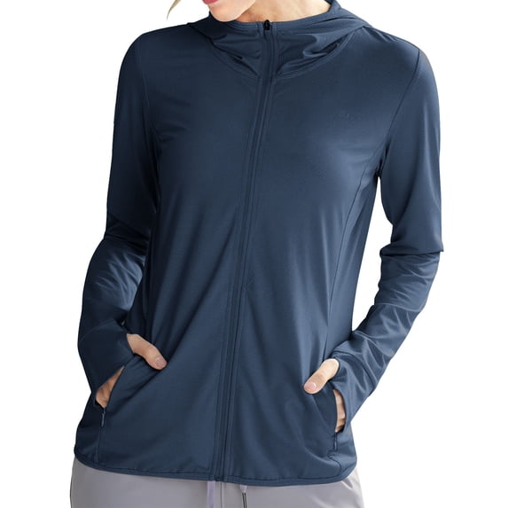Guieoi Womens Shirts under $5 Womens Casual Hoodies Spandex Long Sleeve Hooded Lattice Splicing Shirts Zipper Sweatshirts Blue