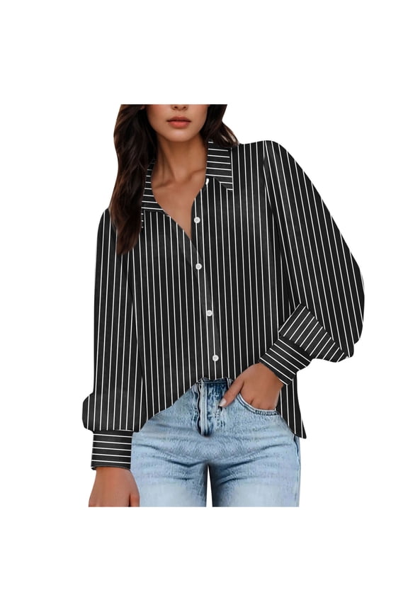 Womens Shirts under $5 Womens Lapel Neck Casual Blouse Lantern Long Sleeves Solid Color Button Shirt Tops Black Black*Friday/Cyber*Monday