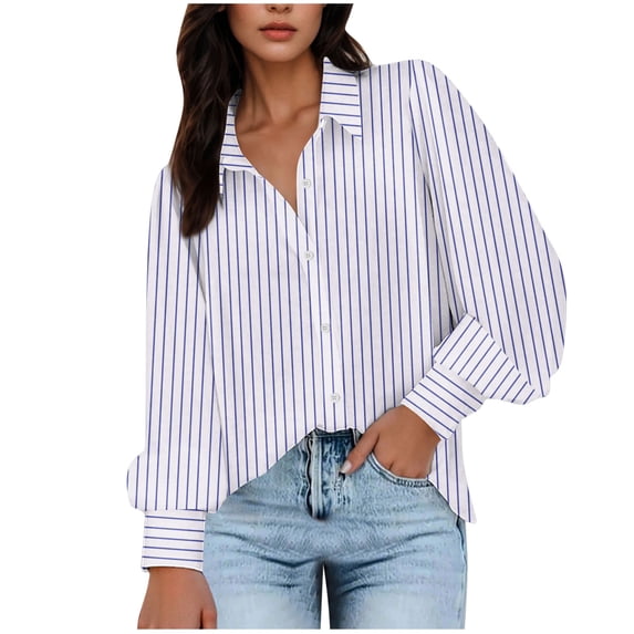 Guieoi Womens Shirts under $5 Womens Lapel Neck Casual Blouse Lantern Long Sleeves Solid Color Button Shirt Tops Blue