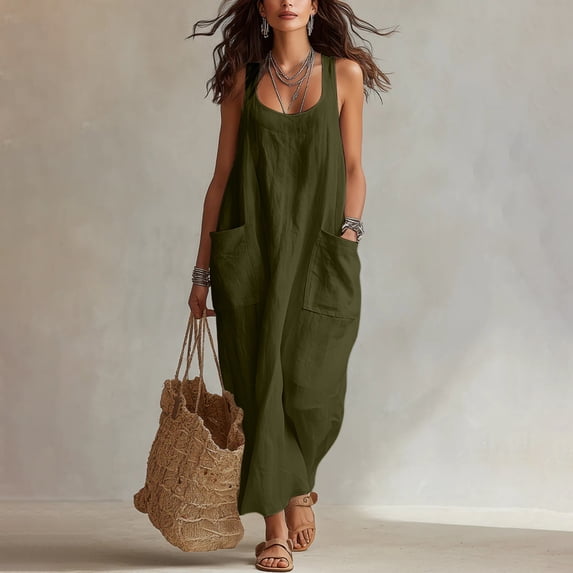 Guieoi Womens Summer Dresses Plus Size Cool and Moisture-Wicking Washed Linen Sleeveless Long Dress Bohemian Style Flowy Long Dress with Pockets Perfect for Vacations