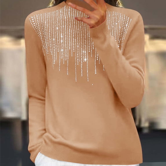 Guieoi Womens Sweaters 2025 Fall Winter Trendy Women Comfortable Casual Solid Color Long Sleeve Round Neck Sweater Gold Black*Friday/Cyber*Monday Clearance