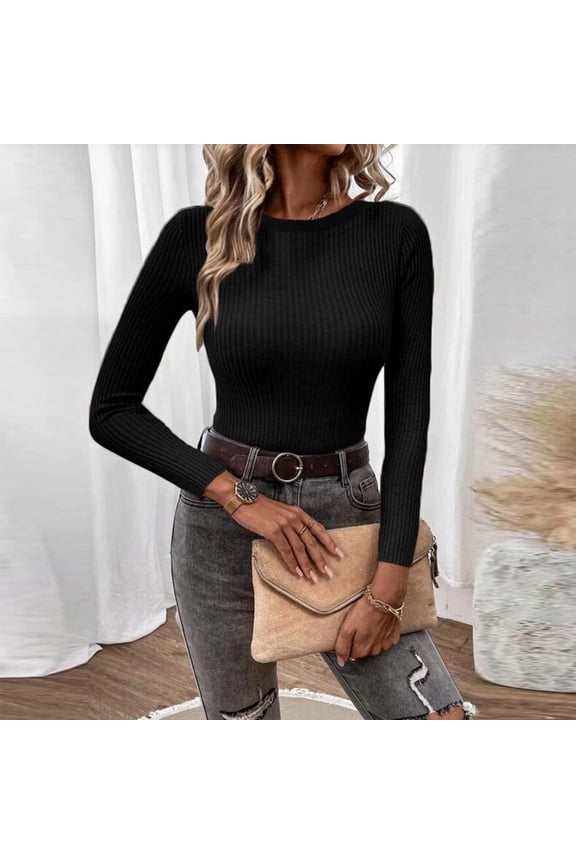 Womens Sweaters 2025 Winter Trendy Women Winter Solid Long Sleeve Pullove V-Neck Casual Sweater Tops Black Black*Friday/Cyber*Monday Clearance