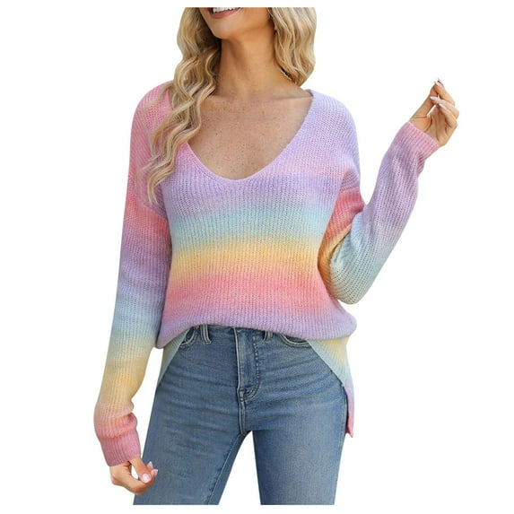 Guieoi Womens Sweaters 2025 Womens Casual Color Blocked Blouses Long Sleeve Round Neck Top/shirts Pink Black*Friday/Cyber*Monday Clearance