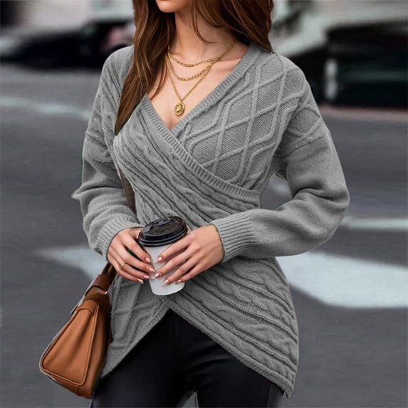 Guieoi Womens Sweaters 2025 Womens Sweaters Clearance Casual Color Lapel Dough Twists Long Sleeve Loose Pullover-Neck Sweater Gray Black*Friday/Cyber*Monday Clearance