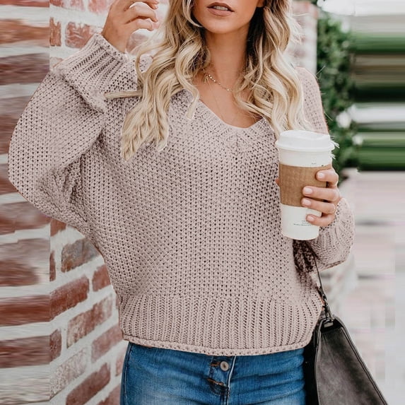 Guieoi Womens Sweaters 2025 Womens Sweaters Clearance Casual Loose Solid Color Knit Sweater V-Neck Sweater Beige Black*Friday/Cyber*Monday Clearance