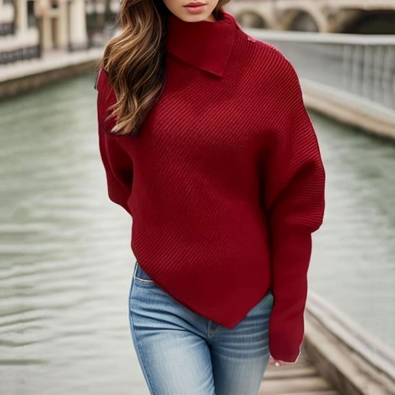 Guieoi Womens Sweaters 2025 Womens Sweaters Clearance Irregular High Neck Button Shirt Knitted Shawl Top Red Black*Friday/Cyber*Monday Clearance