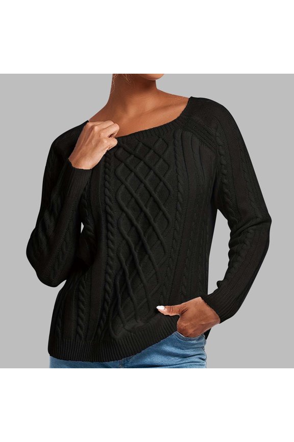 Womens Sweaters 2025 Womens Sweaters Clearance Long Sleeve Loose Solid Color Round Neck Pullover Knitted Sweater Black Black*Friday/Cyber*Monday Clearance