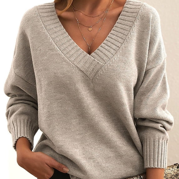 Guieoi Womens Sweaters 2025 Womens Sweaters Clearance Loose Knitted Pullover Top Loose V-Neck Casual Versatile Knit Sweater Beige Black*Friday/Cyber*Monday Clearance