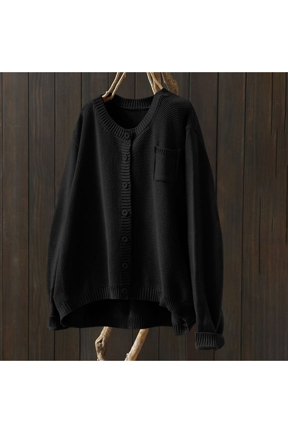 Womens Sweaters 2025 Womens Sweaters Clearance Plus Size Fall Cardigan Round Neck Long Sleeve Oversize Knitted Outerwear Black Black*Friday/Cyber*Monday Clearance