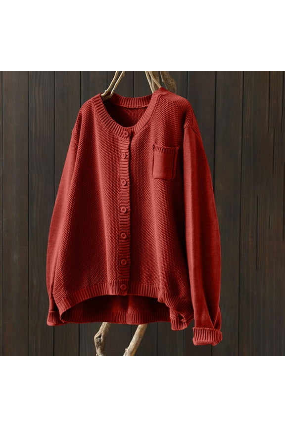 Womens Sweaters 2025 Womens Sweaters Clearance Plus Size Fall Cardigan Round Neck Long Sleeve Oversize Knitted Outerwear Red Black*Friday/Cyber*Monday Clearance