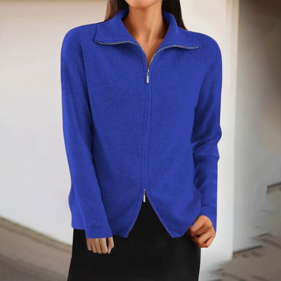 Guieoi Womens Sweaters 2025 Womens Sweaters Clearance Solid Color Collar Knitted Sweater Cardigan with Double Zipper Sweater Jacket Blue Black*Friday/Cyber*Monday Clearance