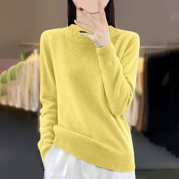 Guieoi Womens Sweaters 2025 Womens Sweaters Clearance Solid Color Long Sleeve Round Neck Knitted Sweater with Stripe Sweater Top Yellow Black*Friday/Cyber*Monday Clearance