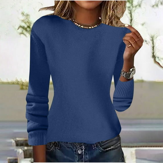 Guieoi Womens Sweaters 2025 Womens Sweaters Clearance Solid Color Round Neck Pullover Knitted Sweater Long Sleeve inner and Outer Base Shirt Top Blue Black*Friday/Cyber*Monday Clearance