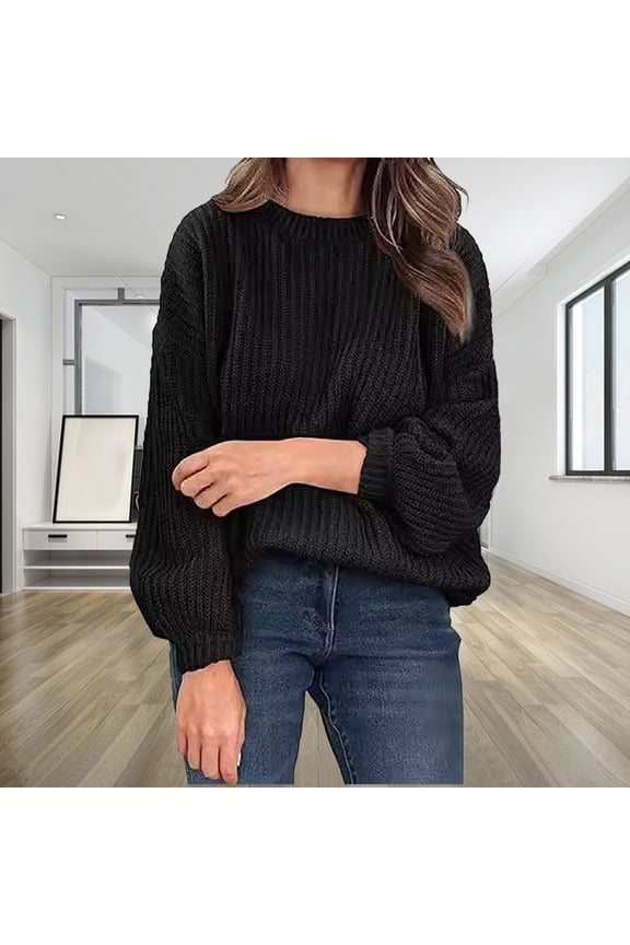 Womens Sweaters 2025 Womens Sweaters Clearance Solid Color Round Neck Trumpet Sleeve Loose Sweater Black Black*Friday/Cyber*Monday Clearance