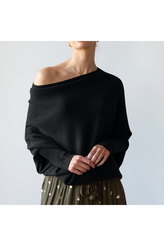 Womens Sweaters 2025 Womens Sweaters Clearance one Shoulder Loose Long Sleeve Knitted Sweater Black Black*Friday/Cyber*Monday Clearance