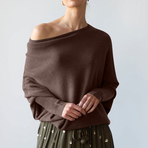 Guieoi Womens Sweaters 2025 Womens Sweaters Clearance one Shoulder Loose Long Sleeve Knitted Sweater Brown Black*Friday/Cyber*Monday Clearance