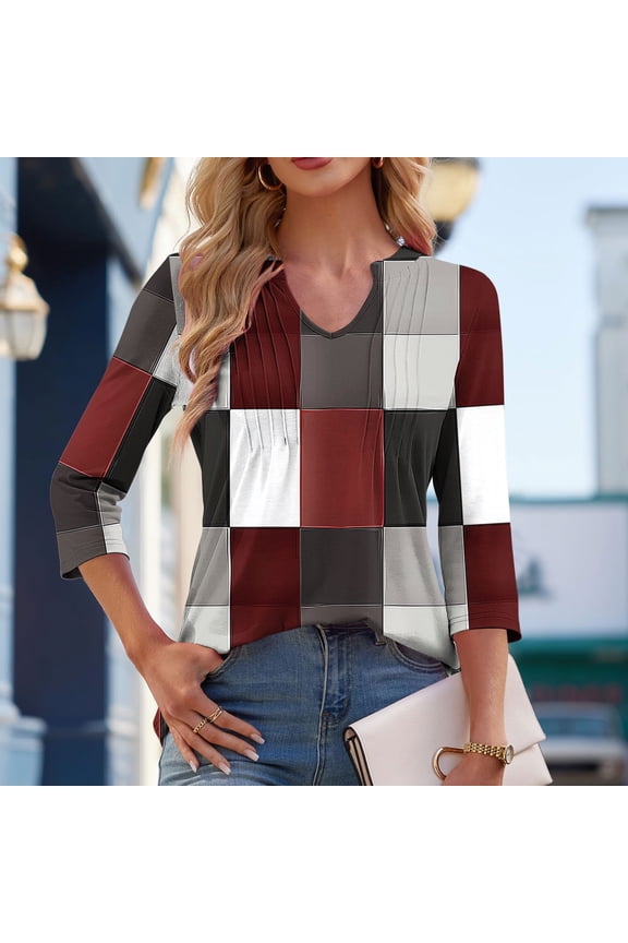 Womens Tops under $10 2025 Trendy Womens Casual Printed V-Neck 3/4 Sleeve T-shirt V-Neck Wrinkle And Stripe Tops Red Black*Friday/Cyber*Monday