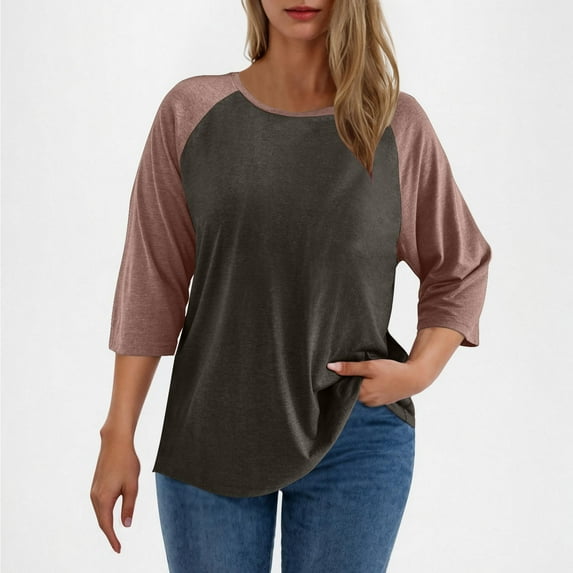Guieoi Womens Tops Clearance under $10 Women's Plus Size Color Blocked 3/4 Sleeve T-shirt Loose Round Neck Short Sleeved 3/4 Sleeve Round-Neck Blouses Pink Black*Friday/Cyber*Monday Clearance
