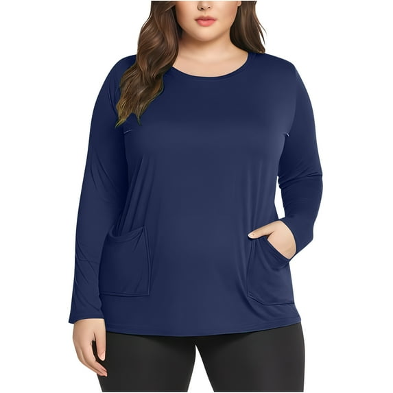 Guieoi Womens Tops Clearance under $10 Women's Plus Size Long Sleeved Solid Color Bottom Pocket Casual Blouse Blue Black*Friday/Cyber*Monday Clearance