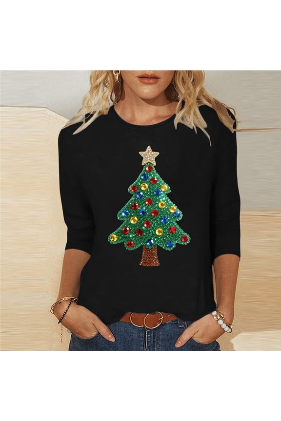 Womens Tops under $10 Womens 2025 Trendy Christmas Printed T-shirt 3/4 Sleeves Blouse Round Neck Casual Loose Top Black Black*Friday/Cyber*Monday