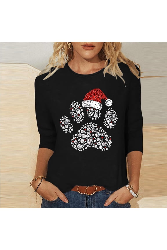 Womens Tops under $10 Womens 2025 Trendy Christmas Printed T-shirt 3/4 Sleeves Blouse Round Neck Casual Loose Top Black Black*Friday/Cyber*Monday
