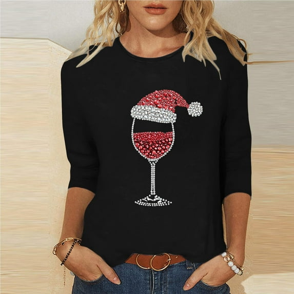 Guieoi Womens Tops under $10 Womens 2025 Trendy Christmas Printed T-shirt 3/4 Sleeves Blouse Round Neck Casual Loose Top Black Black*Friday/Cyber*Monday