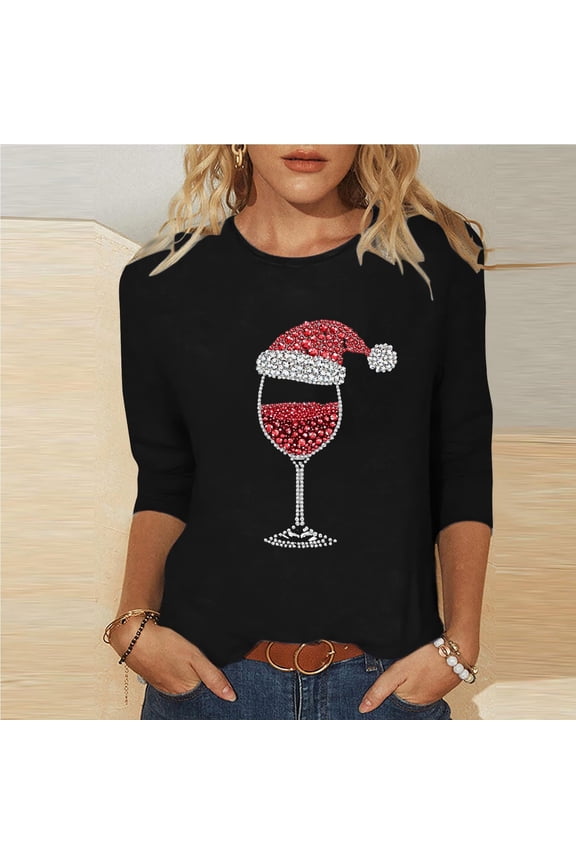 Womens Tops under $10 Womens 2025 Trendy Christmas Printed T-shirt 3/4 Sleeves Blouse Round Neck Casual Loose Top Black Black*Friday/Cyber*Monday