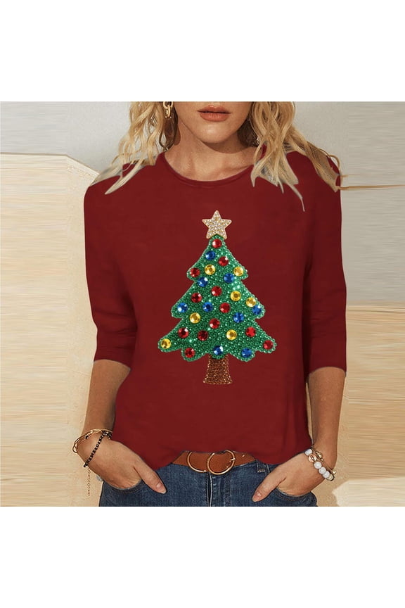 Womens Tops under $10 Womens 2025 Trendy Christmas Printed T-shirt 3/4 Sleeves Blouse Round Neck Casual Loose Top Red Black*Friday/Cyber*Monday