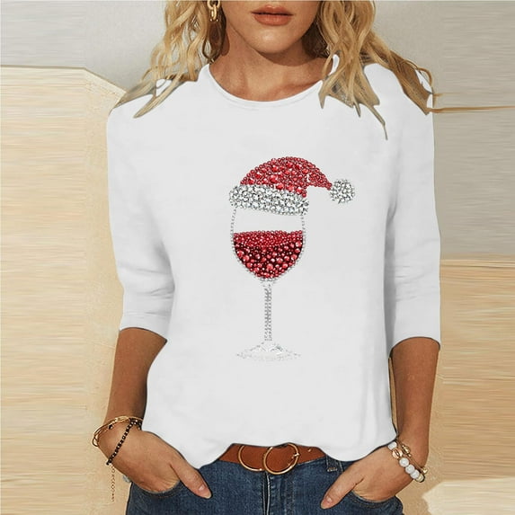Guieoi Womens Tops under $10 Womens 2025 Trendy Christmas Printed T-shirt 3/4 Sleeves Blouse Round Neck Casual Loose Top White Black*Friday/Cyber*Monday