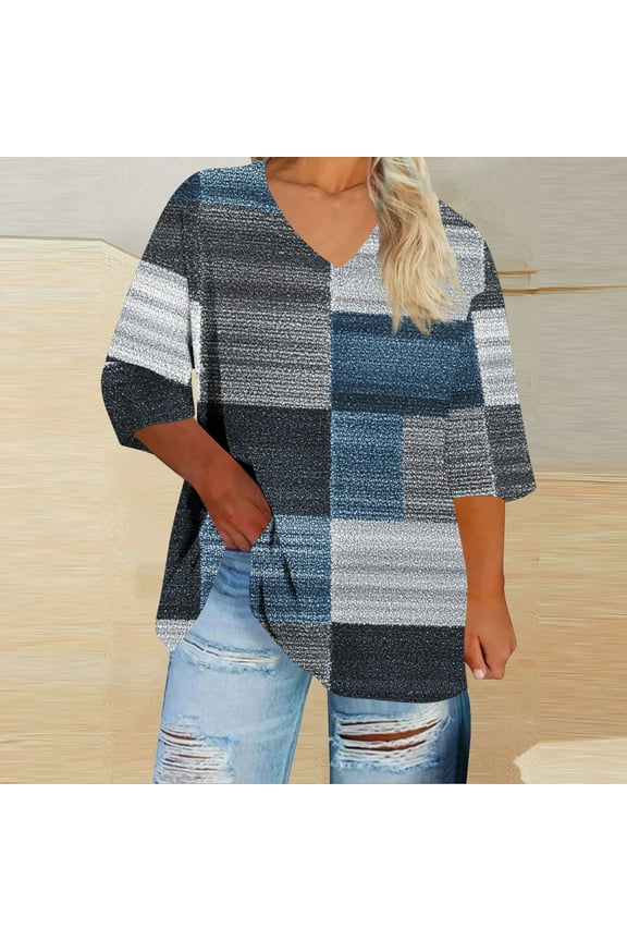 Womens Tops under $10 Womens 2025 Trendy Daily Style Printed V-neck 3/4 Sleeve T-shirt Large Size Loose Top Gray Black*Friday/Cyber*Monday