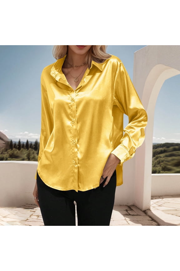 Womens Tops under $10 Womens Solid Color Long Sleeved Button Turndown Collar 2025 Trendy Top Yellow Black*Friday/Cyber*Monday