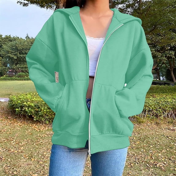 Guieoi Womens Tops under $10 Women Winter Warm Casual Long Sleeve Hooded Solid Sweatshirt Coat Green