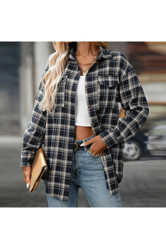 Womens Tops Clearance under $10 Womens Casual Lapel Button Pocket Plaid Long Sleeved Shirt Top Jacket Blue Black*Friday/Cyber*Monday Clearance
