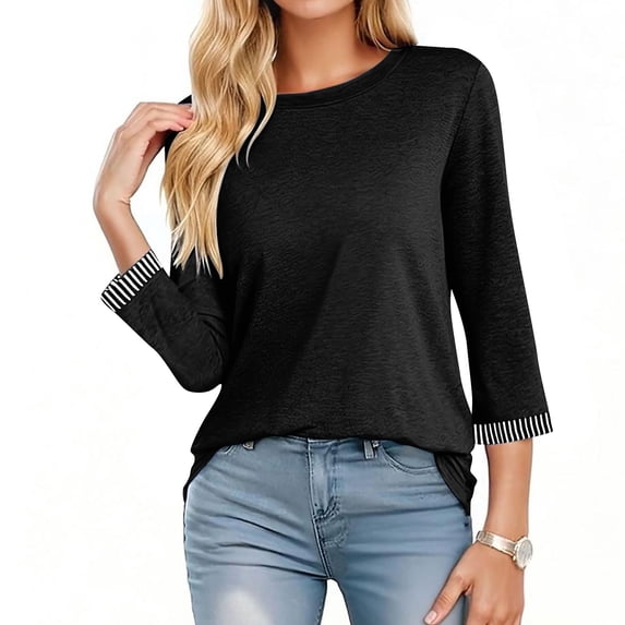 Guieoi Womens Tops Plus Size Ladies' Casual Round Neck Striped Patchwork Quarter Sleeve 3/4 Sleeve T-shirt Loose Top Black Black*Friday/Cyber*Monday