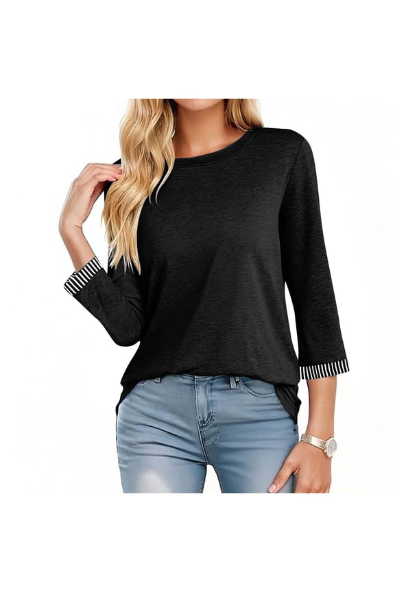 Womens Tops Plus Size Ladies' Casual Round Neck Striped Patchwork Quarter Sleeve 3/4 Sleeve T-shirt Loose Top Black Black*Friday/Cyber*Monday