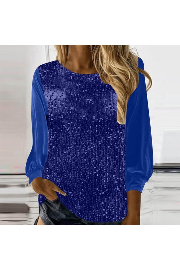 Womens Tops Plus Size Trendy Woman Long Sleeve Solid Round-Neck Sequin Blouse Blue Black*Friday/Cyber*Monday