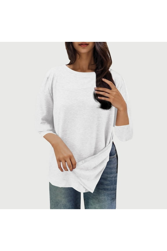 Womens Tops Plus Size Trendy Women's Casual Print Round Neck 3/4 Sleeve T-shirt Blouse Blue Black*Friday/Cyber*Monday