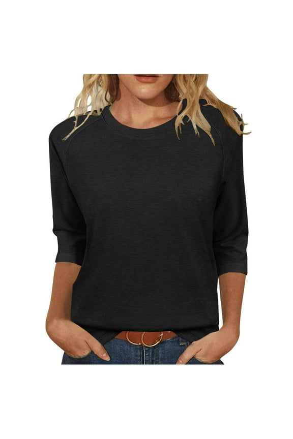 Womens Tops Plus Size Trendy Women's Casual Solid Color Round Neck 3/4 Sleeve T-shirt Blouse Black Black*Friday/Cyber*Monday