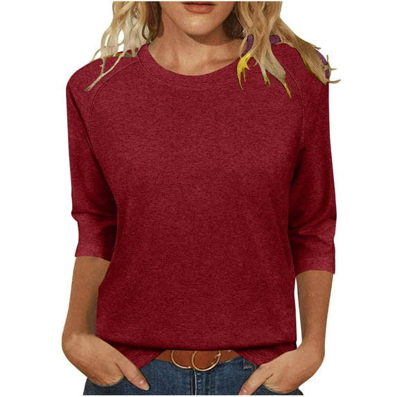 Guieoi Womens Tops Plus Size Trendy Women's Casual Solid Color Round Neck 3/4 Sleeve T-shirt Blouse Red Black*Friday/Cyber*Monday