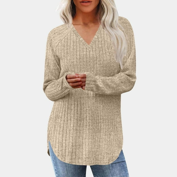 Guieoi Womens Tops Plus Size Trendy Women's Casual Solid V-Neck Hem Slit Loose T-shirt Top Button Blouses Beige Black*Friday/Cyber*Monday
