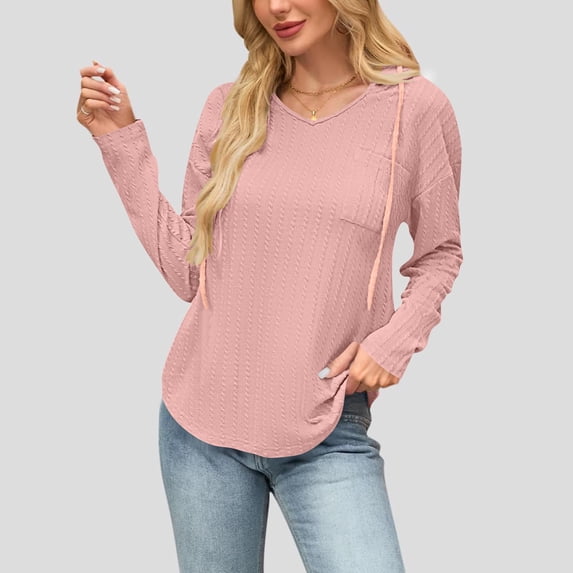 Guieoi Womens Tops Plus Size Woman Trendy Solid Color V-Neck Pocket Drawstring Hooded Long Sleeves Top Pink