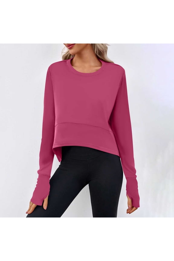 Womens Tops Plus Size Women Curved Hem Long Sleeve Workout Crop Trendy athletic Yoga Gym Shirts with Thumb Hole Pink Black*Friday/Cyber*Monday Clearance