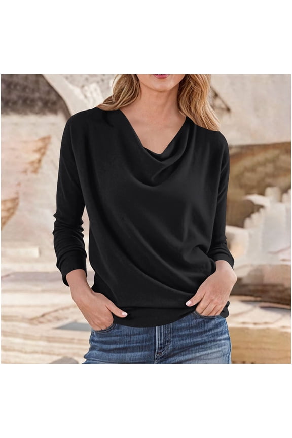 Womens Tops Plus Size Women Long Sleeve Pleated Collar Casual Solid Color Loose and Trendy Top Black Black*Friday/Cyber*Monday