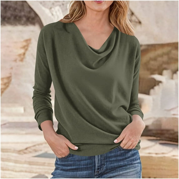 Guieoi Womens Tops Plus Size Women Long Sleeve Pleated Collar Casual Solid Color Loose and Trendy Top Green Black*Friday/Cyber*Monday
