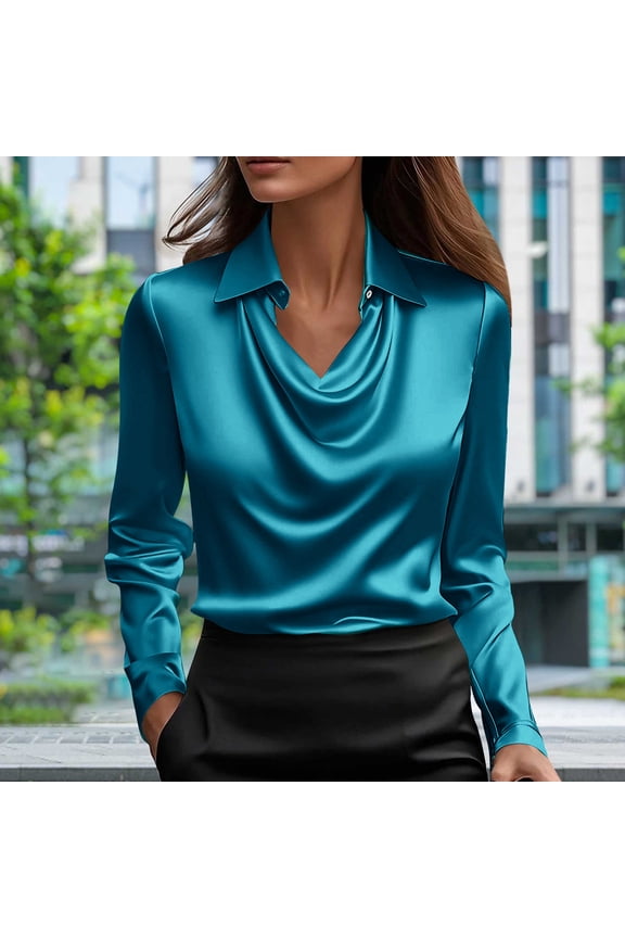Womens Tops Plus Size Women'S Winter Solid Color Long Sleeve V-Neck Satin Top Blue Black*Friday/Cyber*Monday