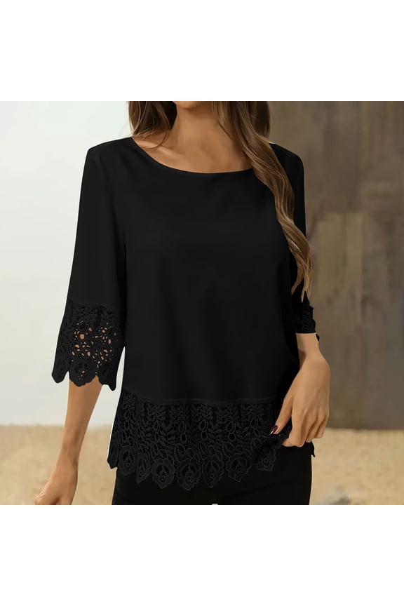 Womens Tops Plus Size Women's 3/4 Sleeve Lace Patchwork Crew Neck Solid Color Casual Black Black*Friday/Cyber*Monday